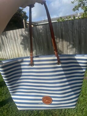 Dooney & Bourke Blue & White Striped Tote with Brown Leather Handles